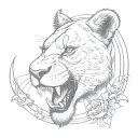 A sketch style tattoo of a fierce lioness with a dagger clenched between her teeth tattoo design idea