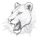 A sketch style tattoo of a fierce lioness with a dagger clenched between her teeth tattoo design idea