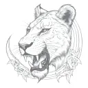 A sketch style tattoo of a fierce lioness with a dagger clenched between her teeth tattoo design idea