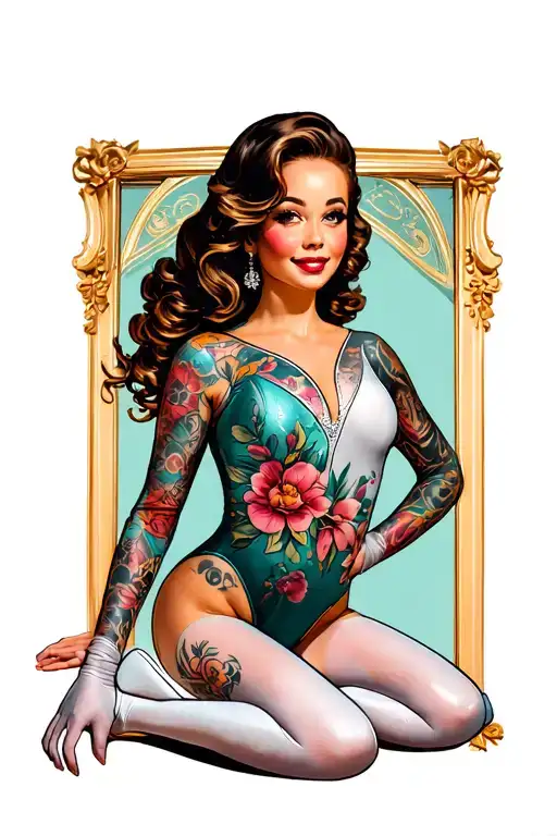 gymnast posing as a pinup girl, wearing a long sleeved competition leotard, white pantyhose and flat gymnastics slippers tattoo design idea
