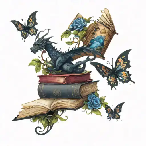 stack of open books with black dragon, sky   butterflies, vines and flowers swirling around in dark jewel tone colors tattoo design idea