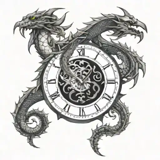A dragon and scorpion in a yin-yang design with a clock face in the center tattoo design idea