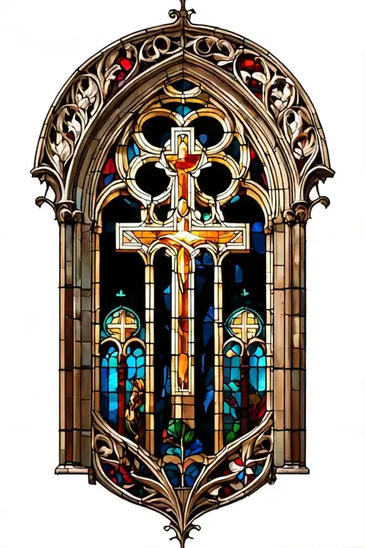 gothic cathedral stained glass window with Christian themes tattoo design idea