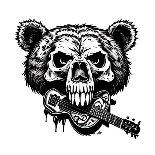 minimalist bear skull with guitar fused rugged tattoo design idea