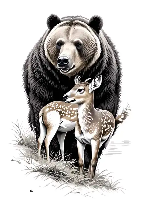 a grizzly bear and doe looking at each other in a forest by lake tahoe tattoo design idea