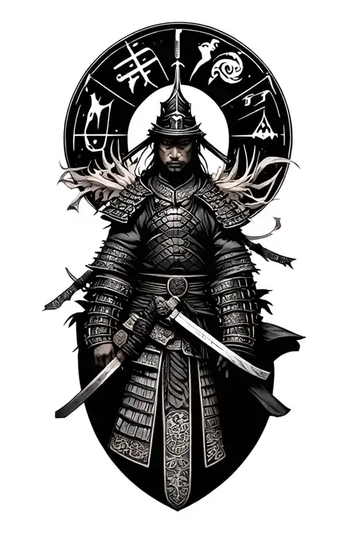 samurai warrior and Gemini zodiac sign tattoo design idea