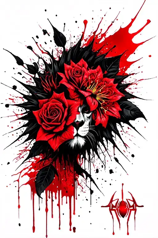 LEO/LION,  BLACK AND RED, SPIDER LILY, SPIKEY ROSES, BLOODY, GRIM REAPER, DEATH, LIKE YAKUZA FOR BACK TATTOO  tattoo design idea