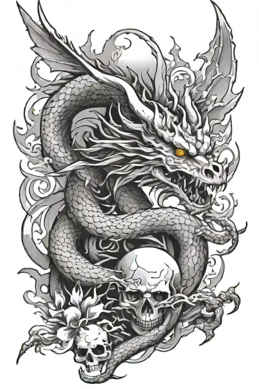 a japanese arm tattoo black and white of a full body dragon rise from the skull to the sun tattoo design idea