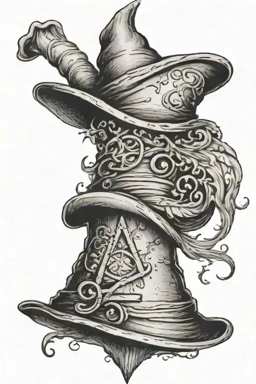 A dotwork tattoo of the Sorting Hat with a mysterious and mystical aura, symbolizing the journey of self-discovery and growth like a student at Hogwarts tattoo design idea