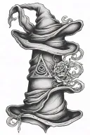 A dotwork tattoo of the Sorting Hat with a mysterious and mystical aura, symbolizing the journey of self-discovery and growth like a student at Hogwarts tattoo design idea