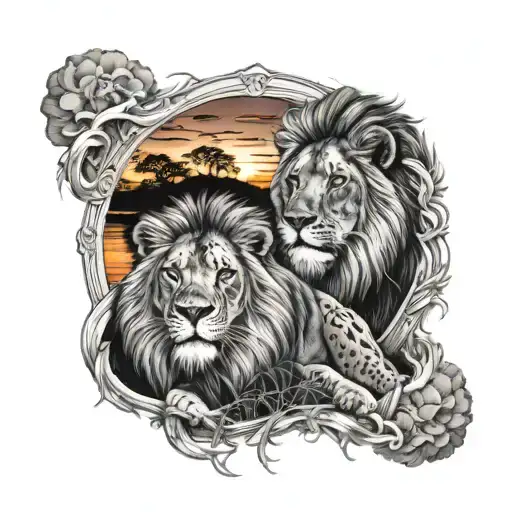 lions and sunset scene tattoo design idea