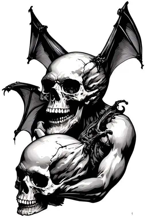 gothic bat holding crushed skull tattoo design idea