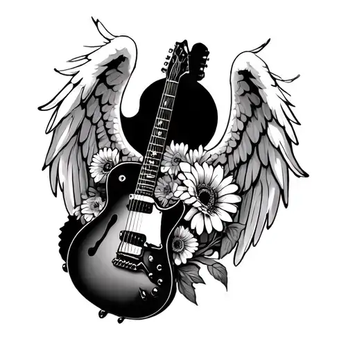 Guitar With Angel Wings and gerberas tattoo design idea