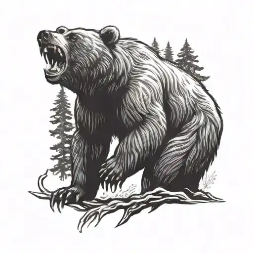 a bear in a rage in the forest stands on its hind legs and is ready to attack tattoo design idea