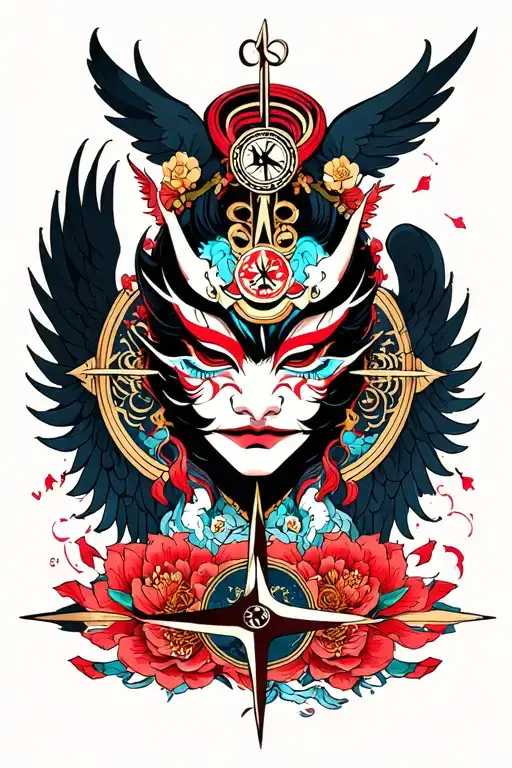 angel,compass, japanese demon mask tattoo design idea