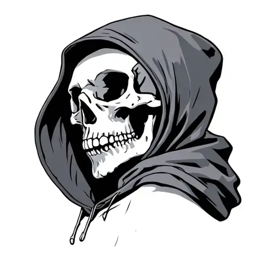The skeleton stands sideways in a hoodie and a balaclava pulled over its skull. tattoo design idea