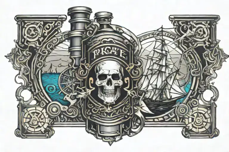 rum bottle with pirate galleon in the background  tattoo design idea