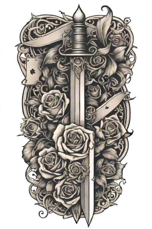 dagger going threw rose and vines wrapped around it with suits of cards etched in the blade  tattoo design idea