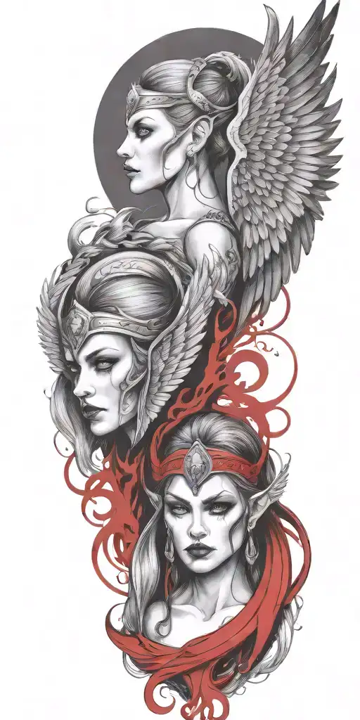 Craft a tattoo design of a Valkyrie with blood red wings, embodying the client's passion for both Viking mythology and vampire aesthetics tattoo design idea