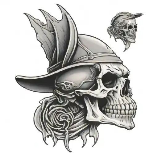 Veteran skull with a bat flying out of its eye socket tattoo design idea