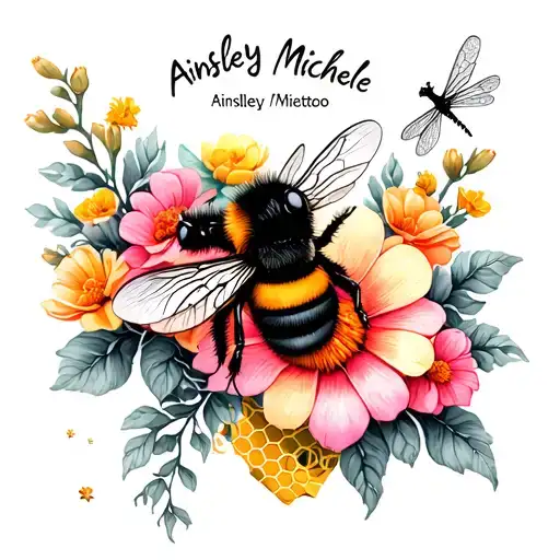 Ainsley Michelle in a feminine font with a tiny bumble bee and dragonfly, colorful flowers and a small honeycomb tattoo design idea