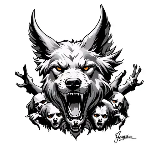 aggressive 3 headed Cerberus surrounded by souls tattoo design idea