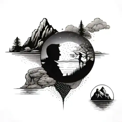 A romantic tattoo of you and your husband on a mountaintop overlooking a lake tattoo design idea