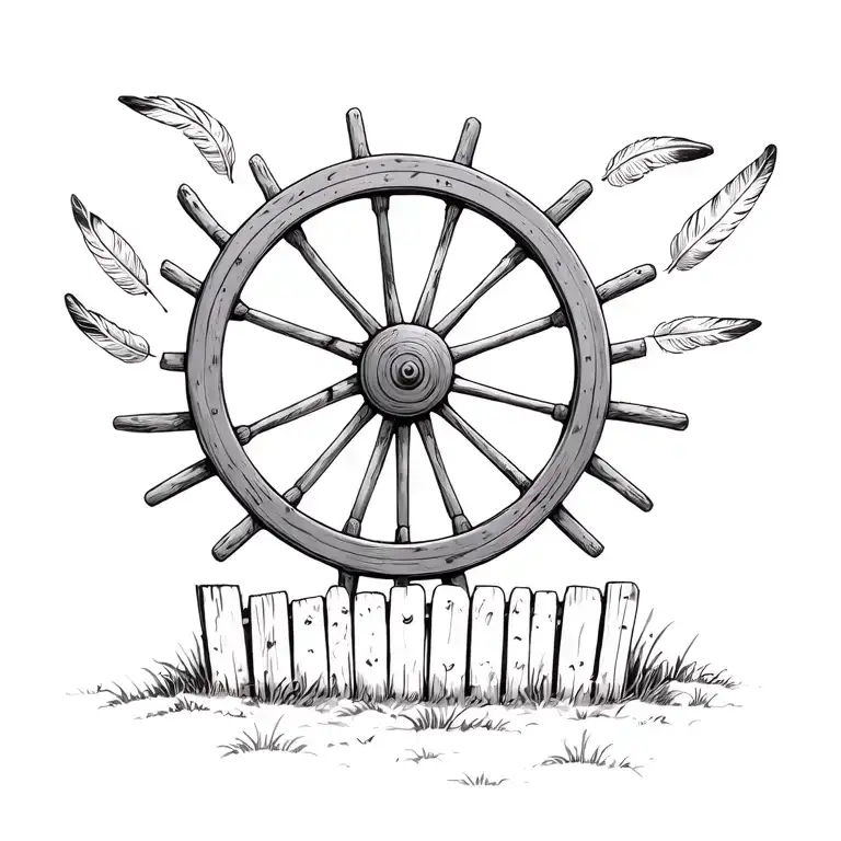 wagon wheel leaning against a fence with swan feathers around it tattoo design idea