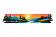 mountain,river,trees,wold,moon,sun, and birds tattoo design idea