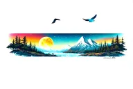 mountain,river,trees,wold,moon,sun, and birds tattoo design idea
