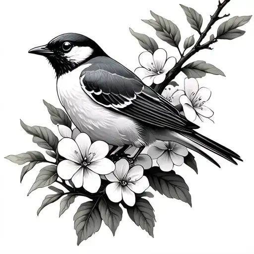 delicate loggerhead shrike on tree branch surrounded by flowers tattoo design idea