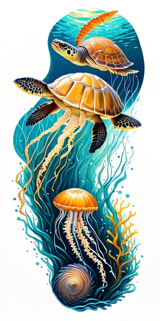 ocean, shells, under water, turtle, jelly fish swimming tattoo design idea