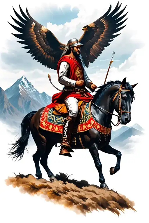 Skanderbeg on a horse with albanian mountains in the back and a eagle in the sky. max aura tattoo design idea