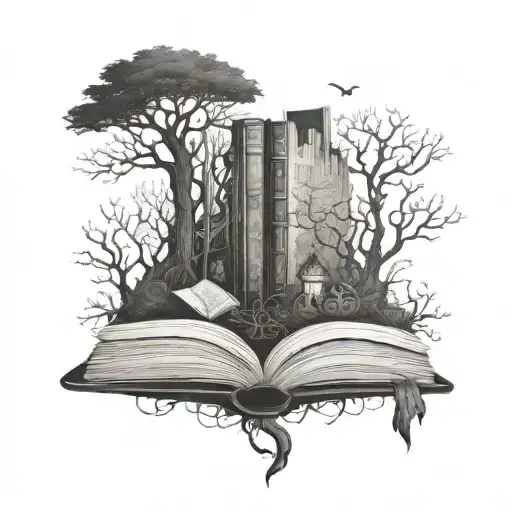 Books and Haunted forest for background tattoo design idea