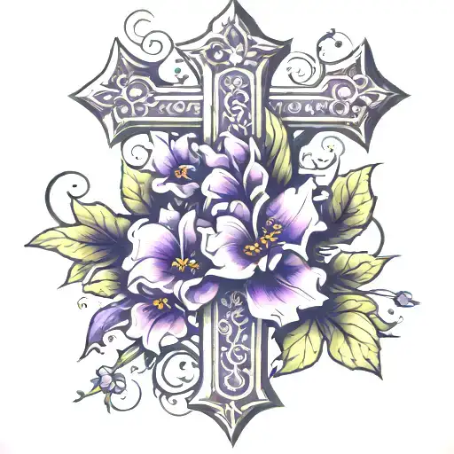 big 3D cross with violet flowers around it  tattoo design idea