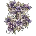 big 3D cross with violet flowers around it  tattoo design idea