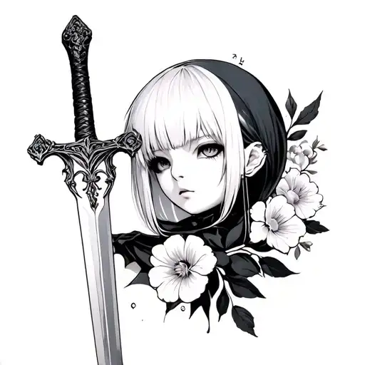 Nier Automata 2B with sword and flower tattoo design idea