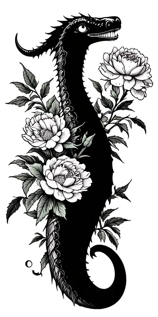 cryptids like the Loch Ness monster AND peonies growing tattoo design idea
