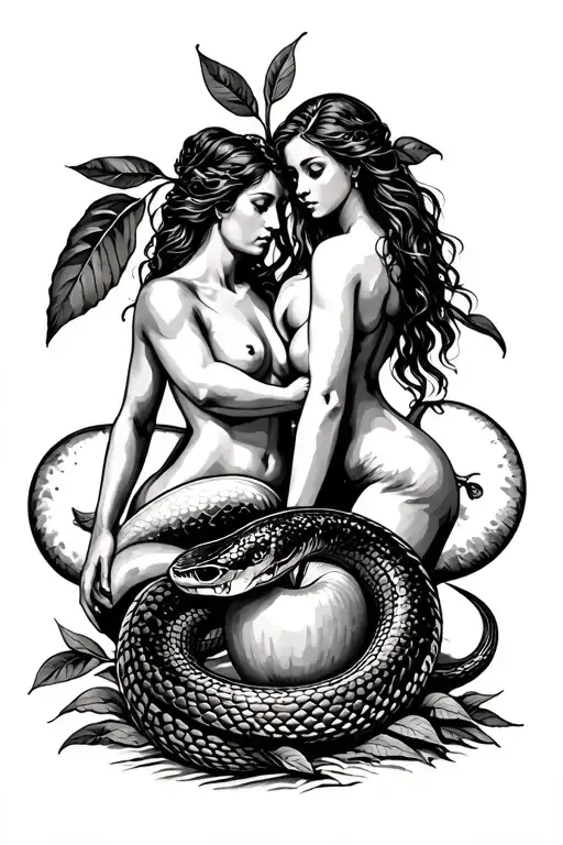 Adam and Eve, garden of eden, snake, apple, sin tattoo design idea