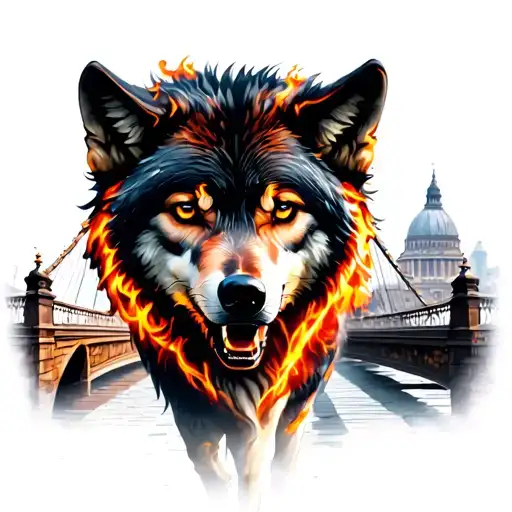 A fiery lone wolf which walks on the Millennium Bridge in London, with St. Paul cathedral in the back tattoo design idea