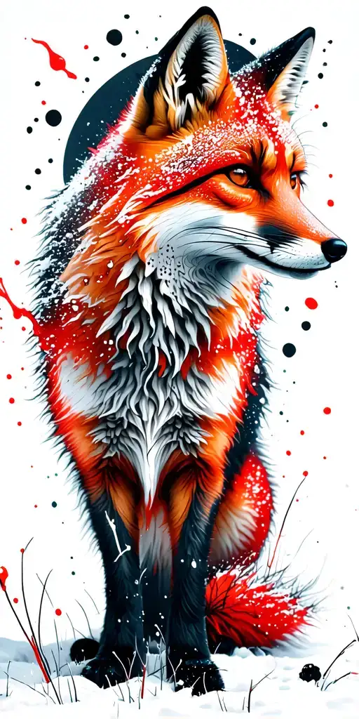 A fox stands in a snowy field, staring at the full moon above. tattoo design idea