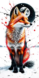 A fox stands in a snowy field, staring at the full moon above. tattoo design idea