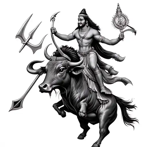 Hyper-realistic back tattoo design of Hindu god Shiva riding a raging bull (Nandi), hurling a silver trident at a demoni tattoo design idea