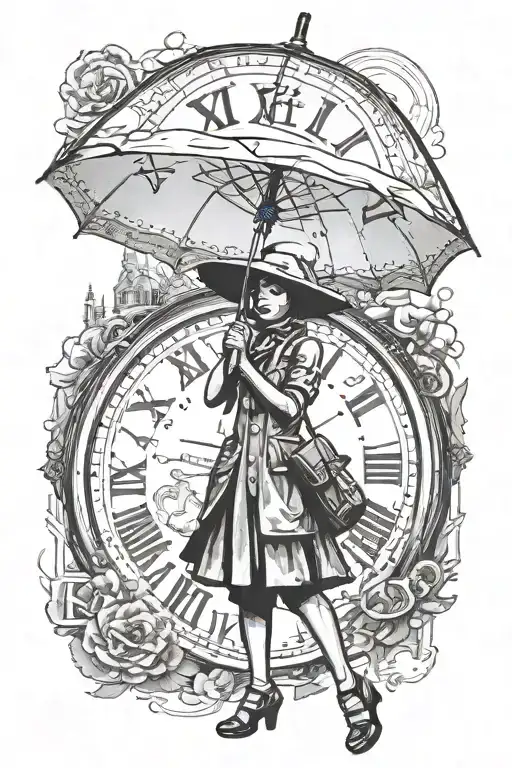 banksy girl with umbrella and Dali clock tattoo design idea