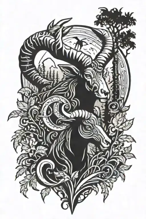 Head of the Aries sign among a growing forest scene tattoo design idea