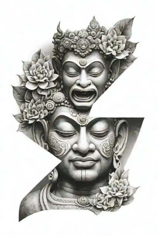 Hanuman opening up into Buddha face with flowers tattoo design idea