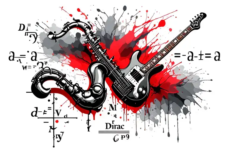 Tattoo design combining the Dirac equation with a saxophone and an electric guitar. The style should be elegant, poetic tattoo design idea