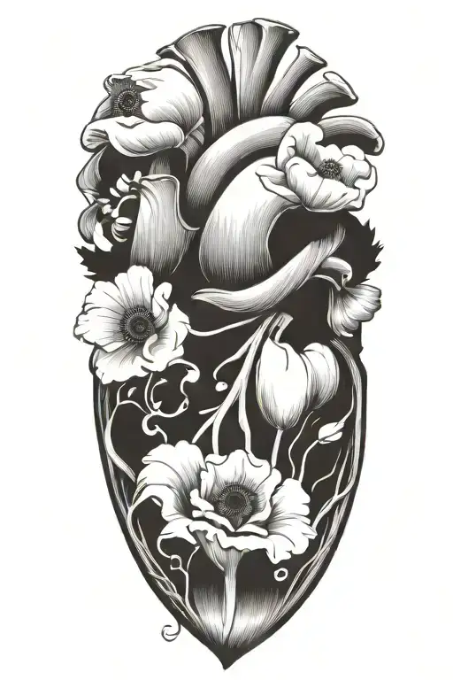 abstract design human heart, poppies, anemones, music, love tattoo design idea