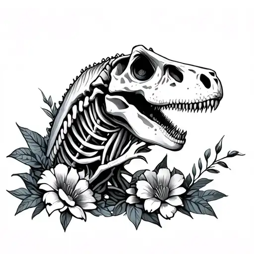 dinosaur skeleton flowers tattoo design idea