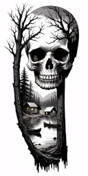 Forest scene where tree limbs create a skull. the let half of the forest shows a cabin on a lake with a canoe tattoo design idea